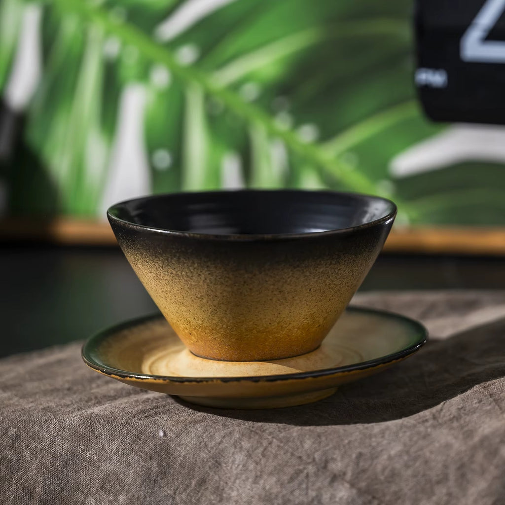 Vintage Kiln Reactive Ceramic Funnel Coffee Latte Cup – Retro Clay Antique Tea Cup with Saucer