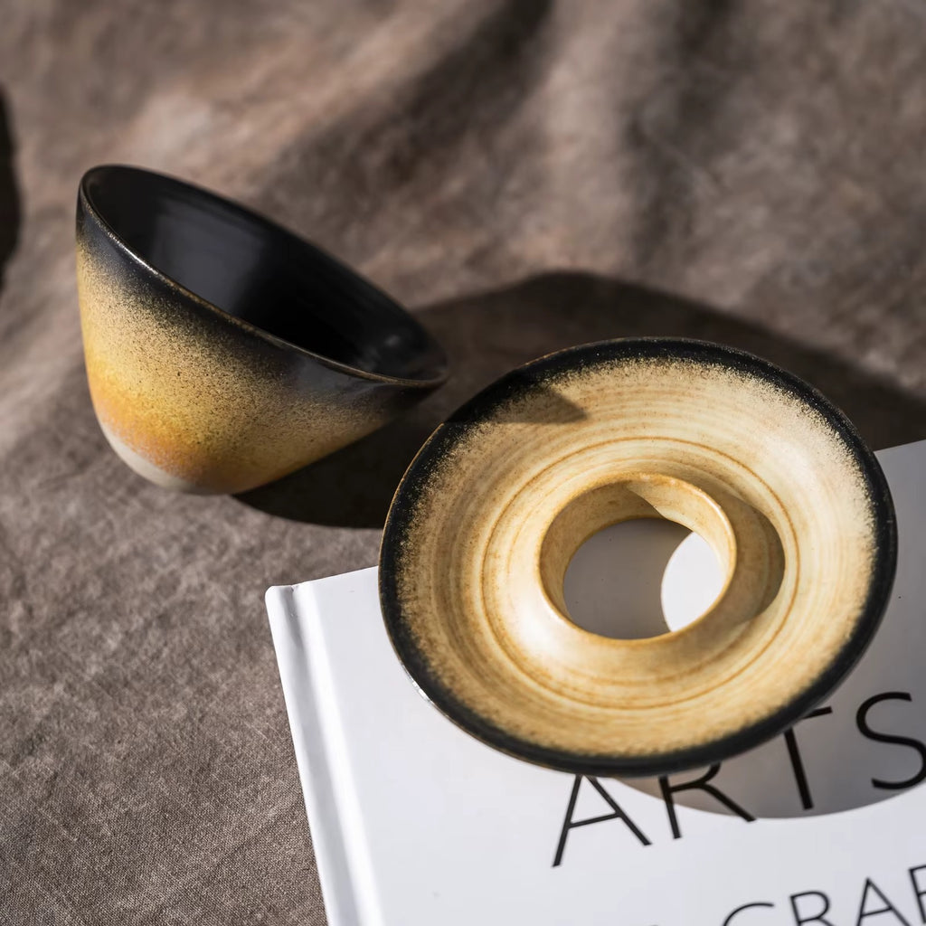 Vintage Kiln Reactive Ceramic Funnel Coffee Latte Cup – Retro Clay Antique Tea Cup with Saucer