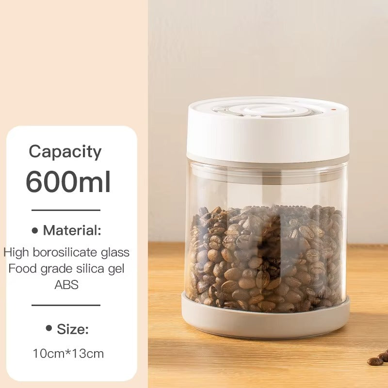 Smart Electric Vacuum Coffee Canister 600ml – Airtight Borosilicate Glass Storage with One-Touch Seal