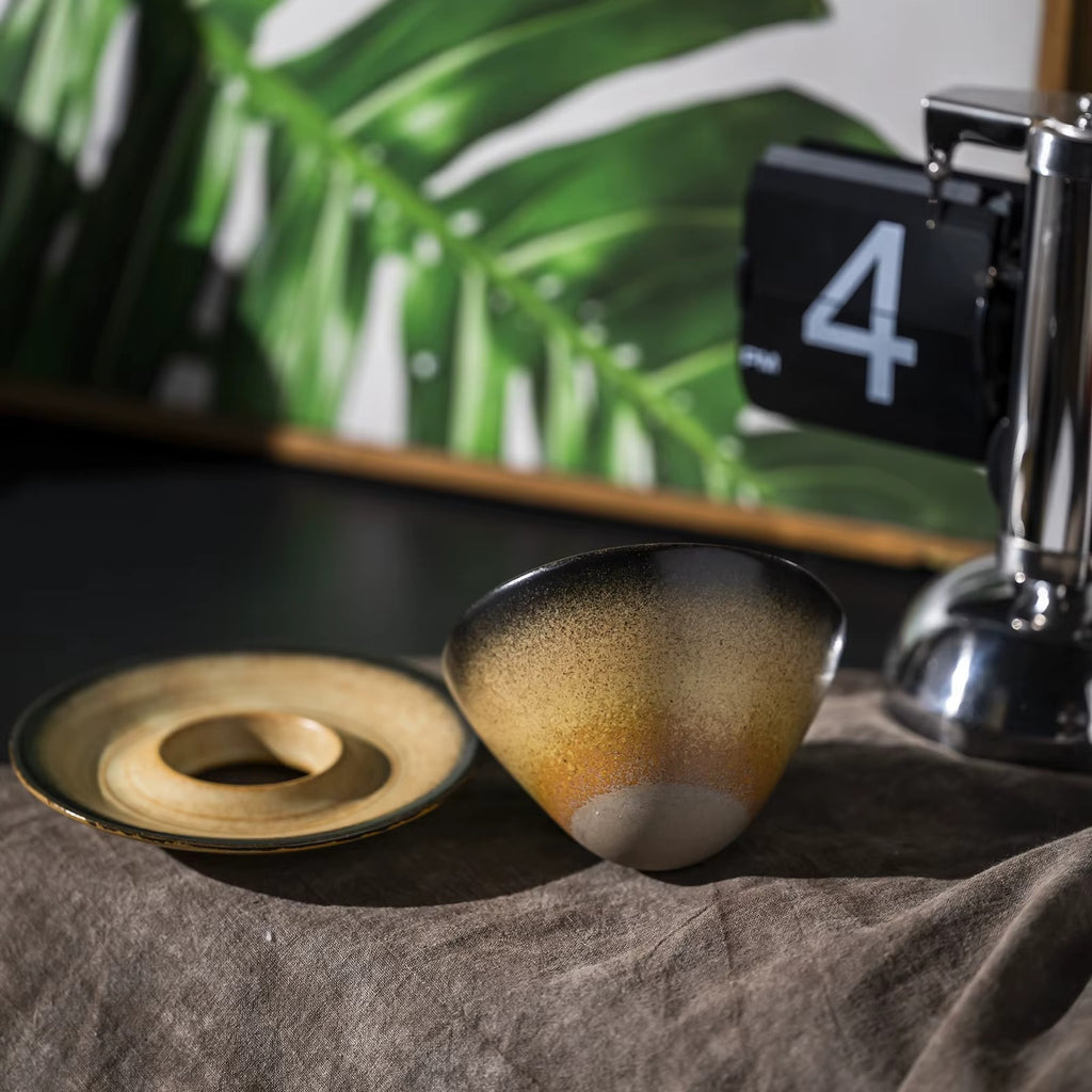 Vintage Kiln Reactive Ceramic Funnel Coffee Latte Cup – Retro Clay Antique Tea Cup with Saucer