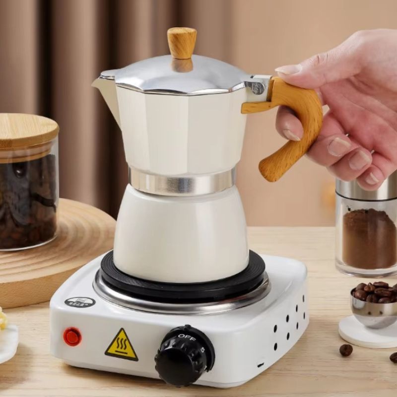 Premium Manual Coffee Brew Set – 6 in 1 Moka Pot Kit with Mini Electric Stove & Manual Grinder