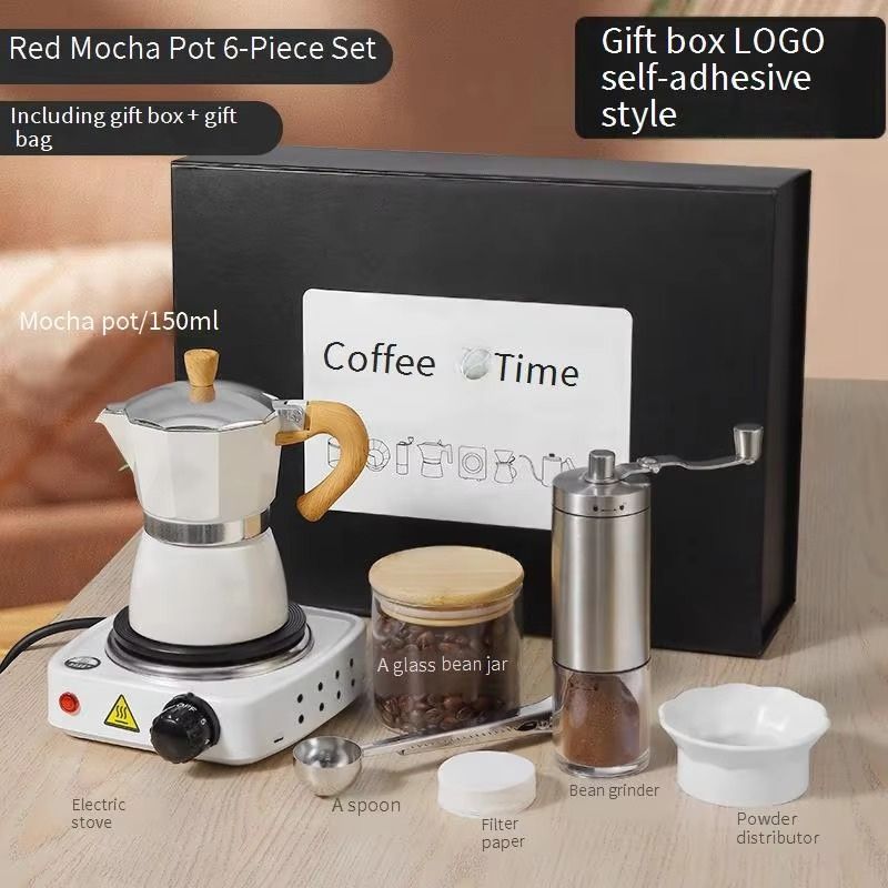 Premium Manual Coffee Brew Set – 6 in 1 Moka Pot Kit with Mini Electric Stove & Manual Grinder