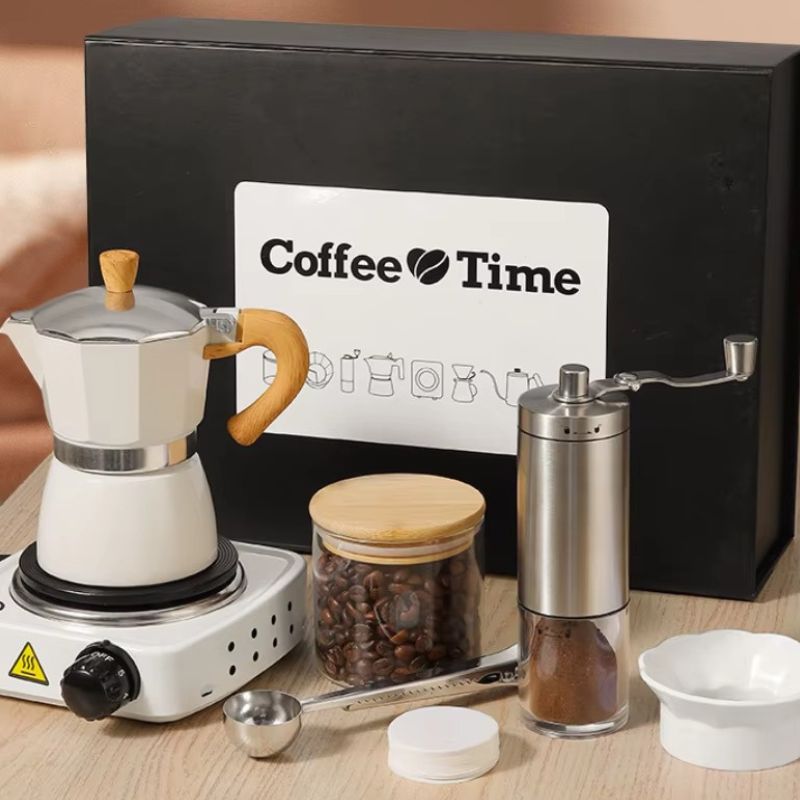 Premium Manual Coffee Brew Set – 6 in 1 Moka Pot Kit with Mini Electric Stove & Manual Grinder