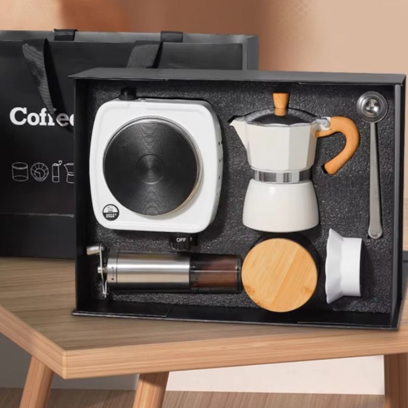 Premium Manual Coffee Brew Set – 6 in 1 Moka Pot Kit with Mini Electric Stove & Manual Grinder