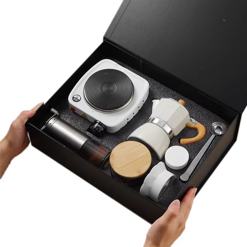Premium Manual Coffee Brew Set – 6 in 1 Moka Pot Kit with Mini Electric Stove & Manual Grinder