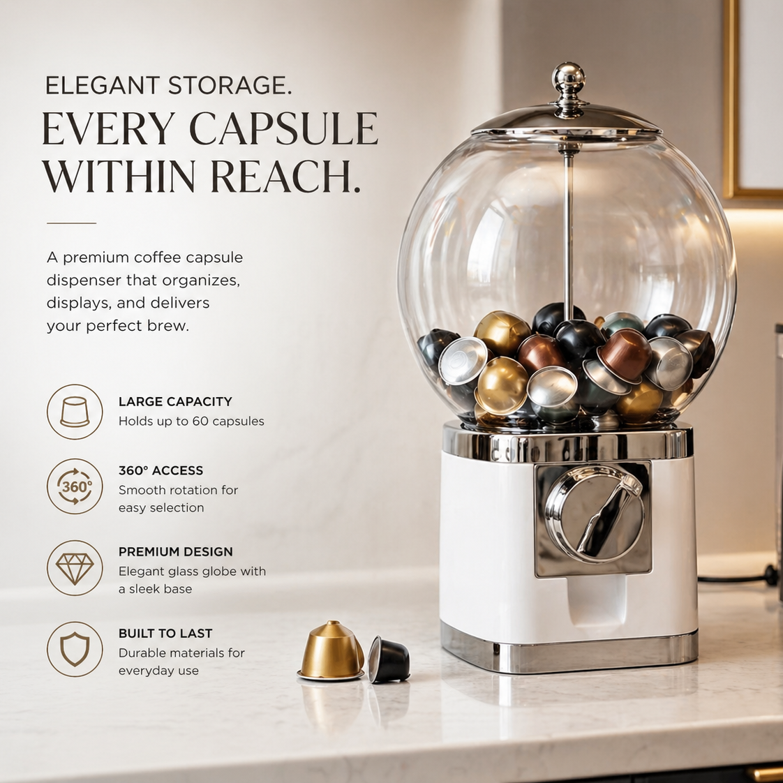 Premium Coffee Capsule Dispenser & Organizer – Glass Storage Stand for Nespresso Capsules