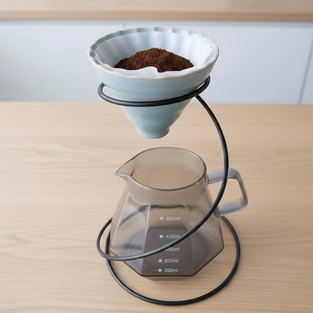 Ceramic V60 Pour Over Coffee Dripper Set with Metal Stand & 600ml Borosilicate Glass Server – Manual Coffee Brewing Kit