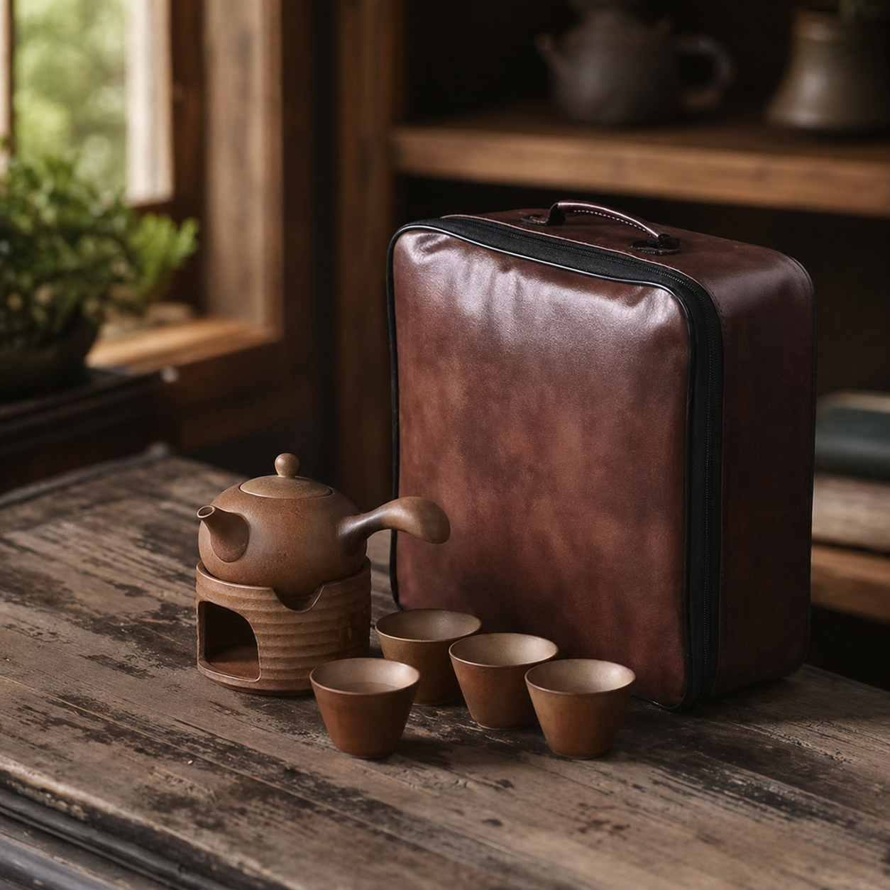Vintage Stoneware Tea Set with Leather Travel Bag