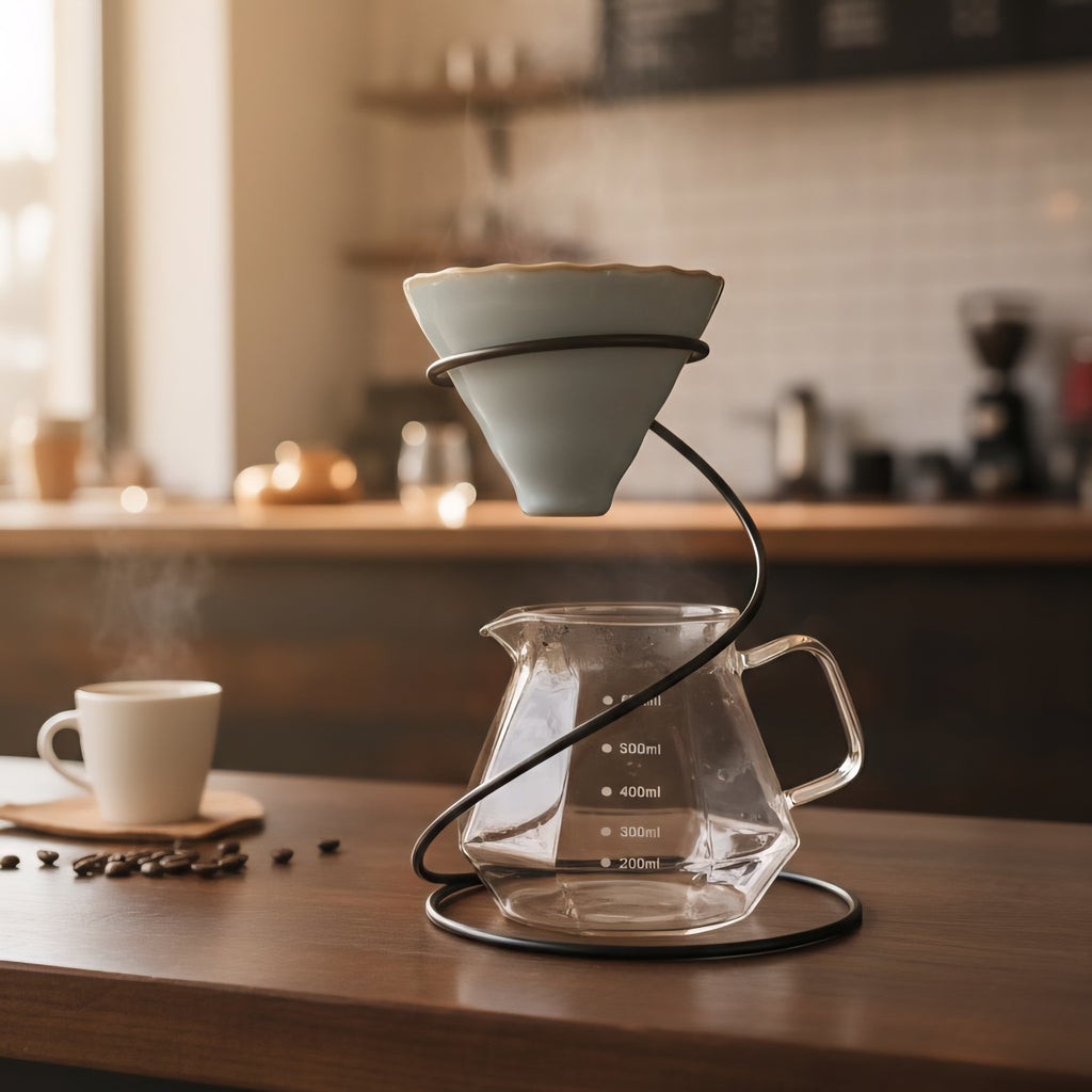 Ceramic V60 Pour Over Coffee Dripper Set with Metal Stand & 600ml Borosilicate Glass Server – Manual Coffee Brewing Kit