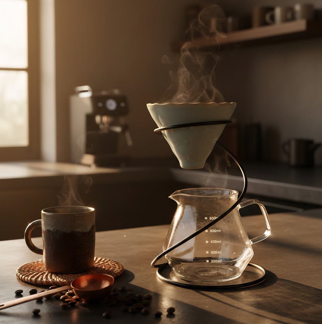 Ceramic V60 Pour Over Coffee Dripper Set with Metal Stand & 600ml Borosilicate Glass Server – Manual Coffee Brewing Kit
