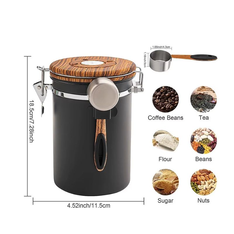 Stainless Steel Airtight Coffee Canister with Date Tracker – 1.8L Gunmetal Black Storage Container