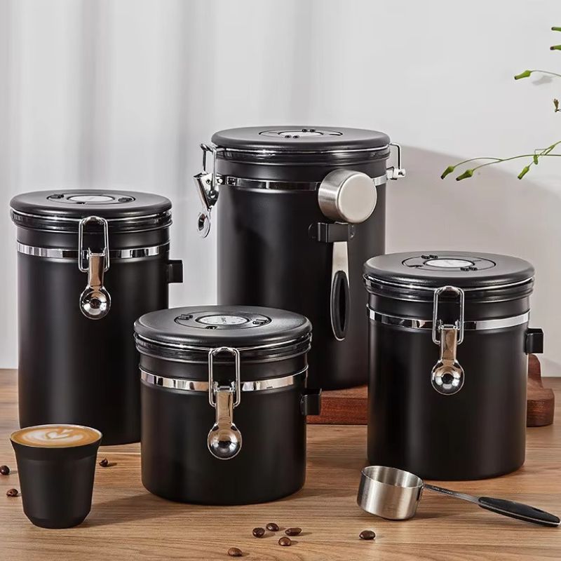 Stainless Steel Airtight Coffee Canister with Date Tracker – 1.8L Gunmetal Black Storage Container