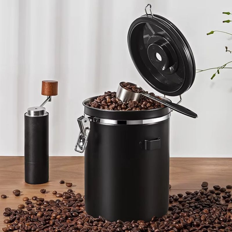 Stainless Steel Airtight Coffee Canister with Date Tracker – 1.8L Gunmetal Black Storage Container