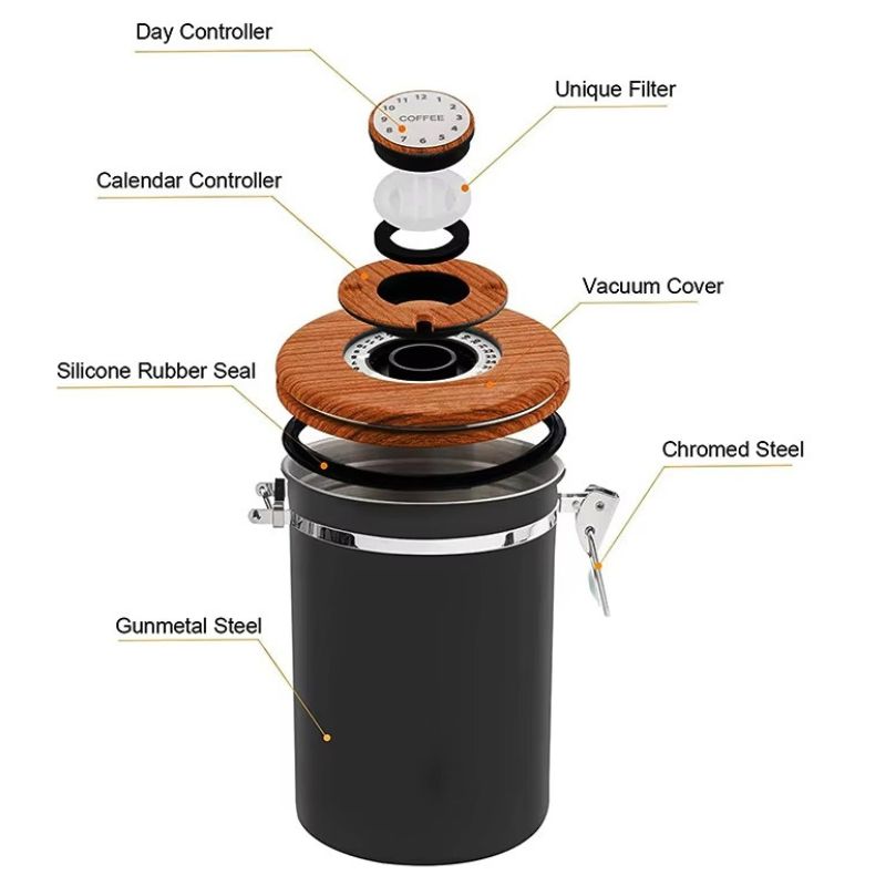 Stainless Steel Airtight Coffee Canister with Date Tracker – 1.8L Gunmetal Black Storage Container